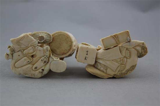 Two Japanese ivory okimono of bijin, Meiji period, 15cm.